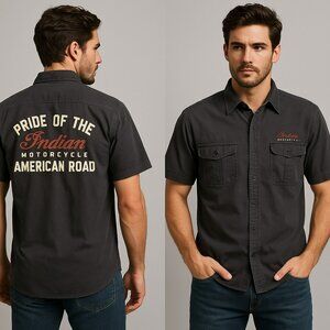Indian Motorcycle Shirt Men L Gray Red Graphic Biker Moto Casual Utility Field